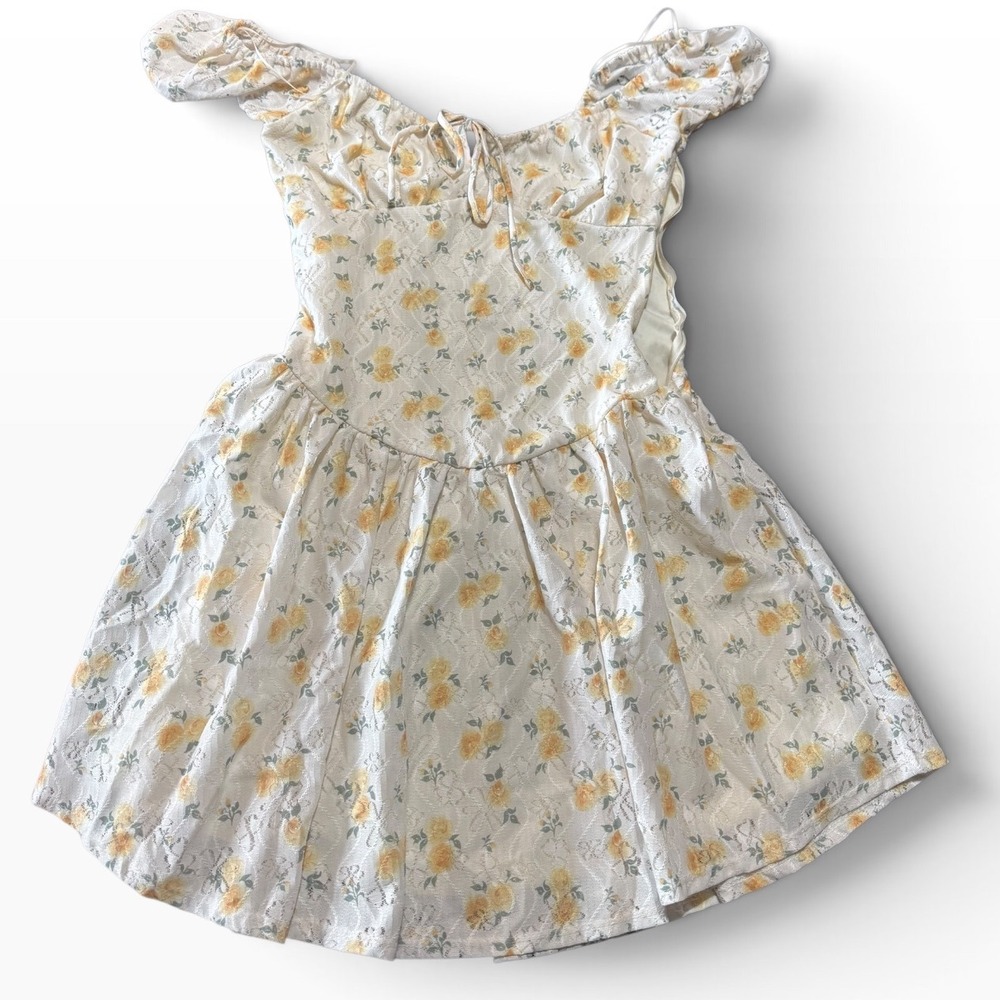 Jessica Simpson Dress Womens S Lace Floral Yellow White Puff Sleeve Mini Boho Sm